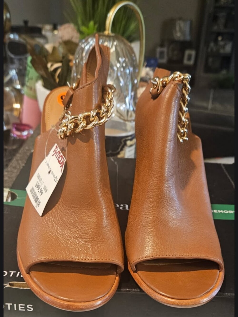Coach Tan Leather Open-Toe Slingback Heels with Gold Chain